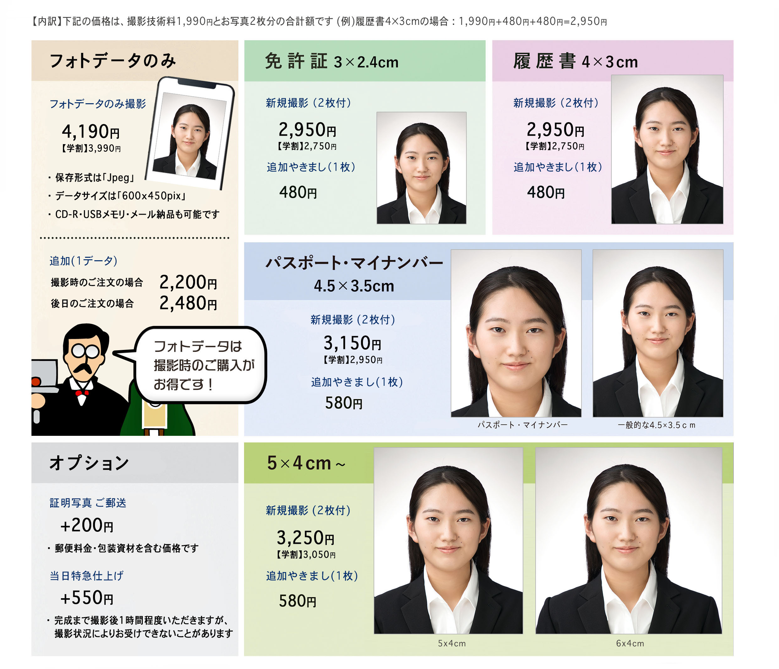 岡山市 証明写真 免許証 履歴書 デジタルデータ対応 パスポート マイナンバー 5×4 4×3 ハローワーク用 3×2.4 3×2.5 各国ビザ フォトデータ